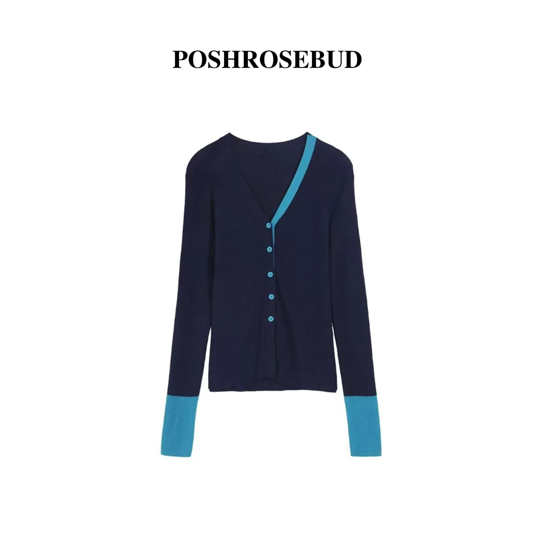 【POSHROSEBUD】撞色假两件设计感小众修身针织衫Y-684