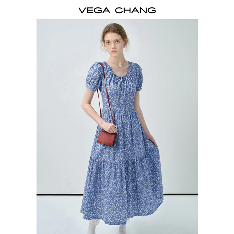 【氧感花汛】VEGA CHANG碎花裙女2025夏季新款蓝色碎花连衣裙0259JJ
