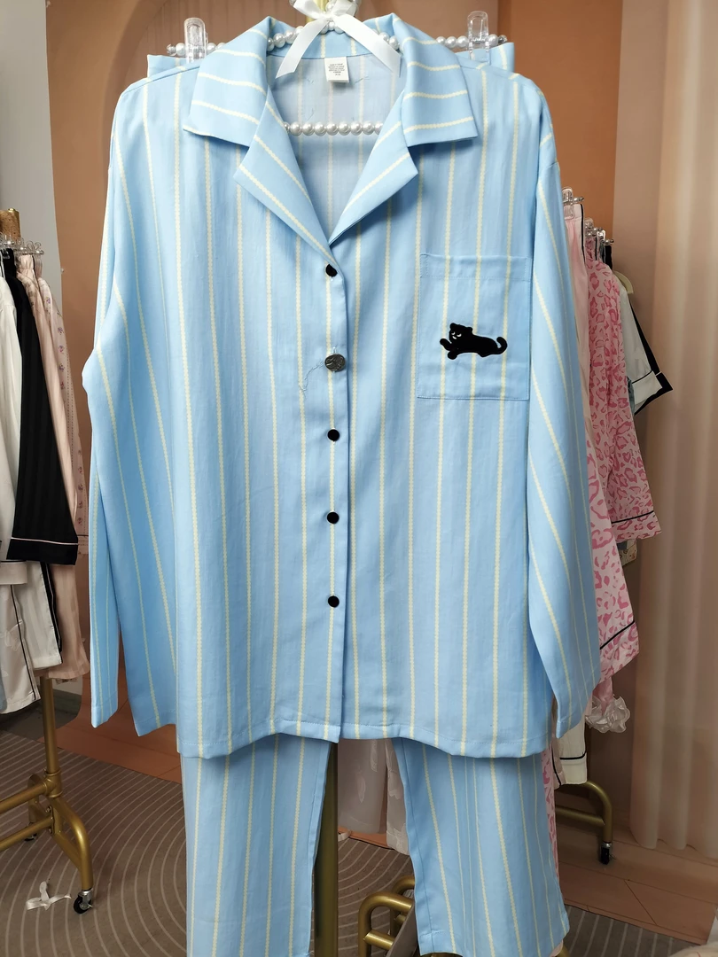 【条纹天丝棉】情侣春秋季长袖长裤宽松透气柔软简约家居服套装