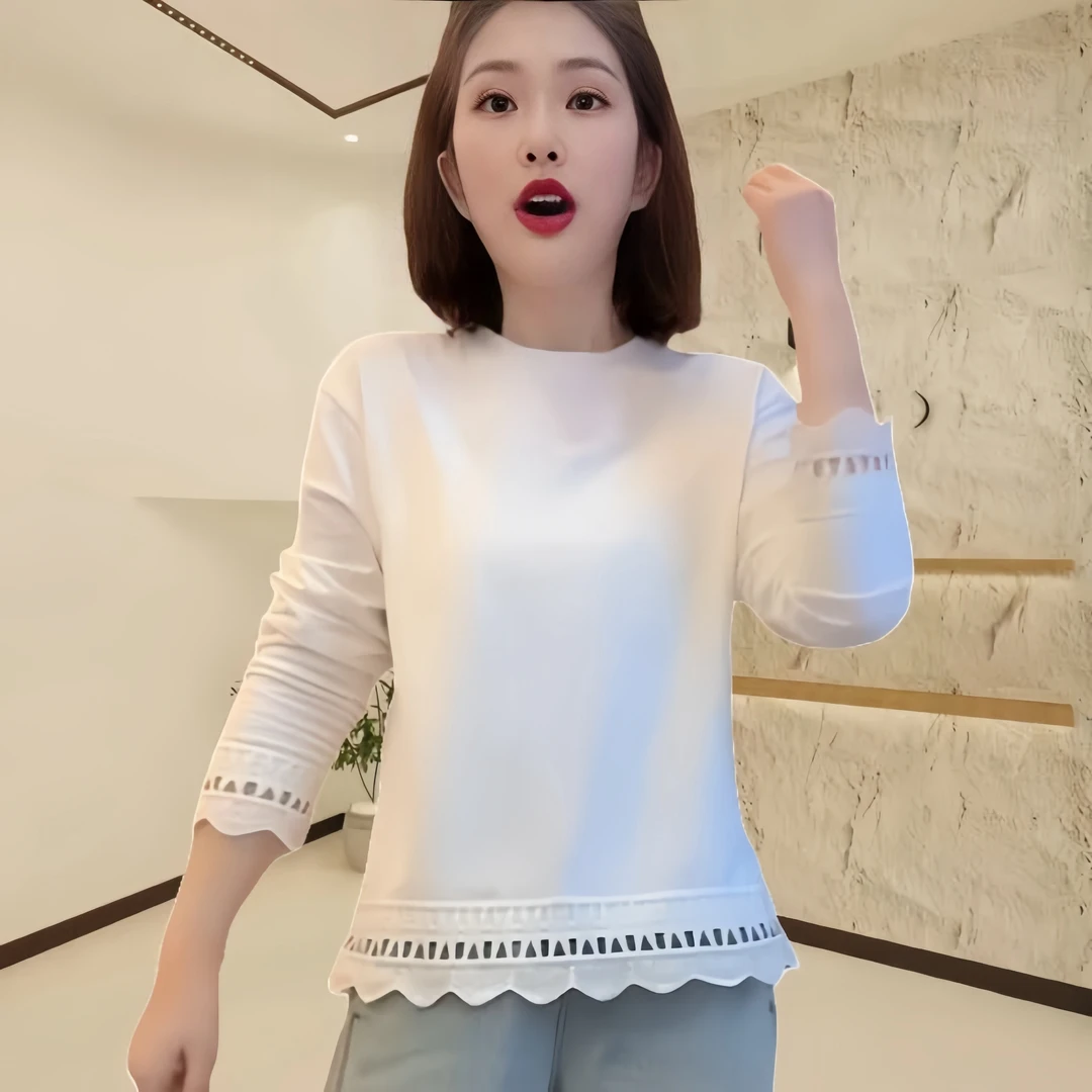 春季宽松韩系蕾丝提花上衣2025新款时尚洋气圆领休闲百搭大码T恤