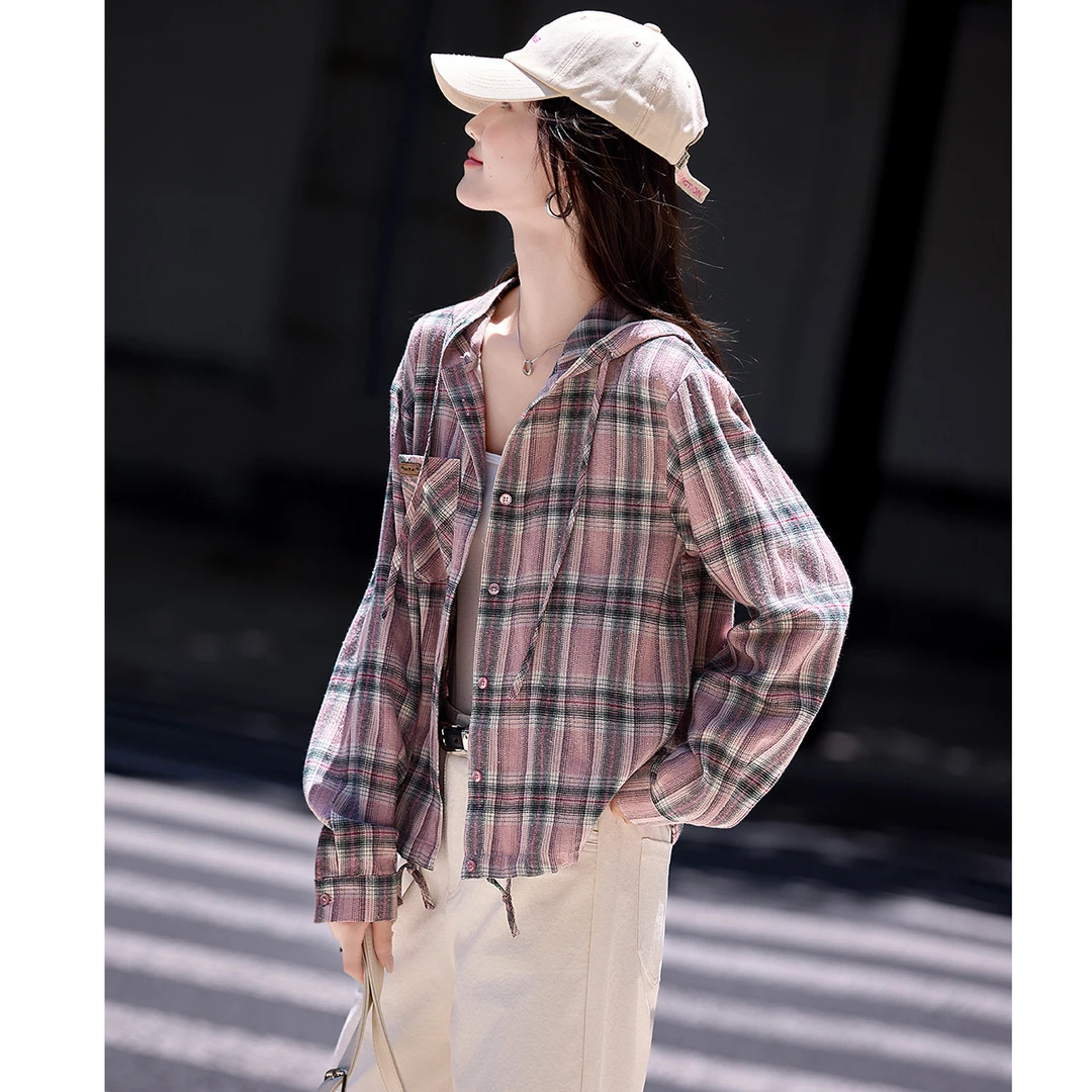 韩系时尚格子衬衫女春秋季2025新款长袖百搭休闲衬衣宽松显瘦连帽