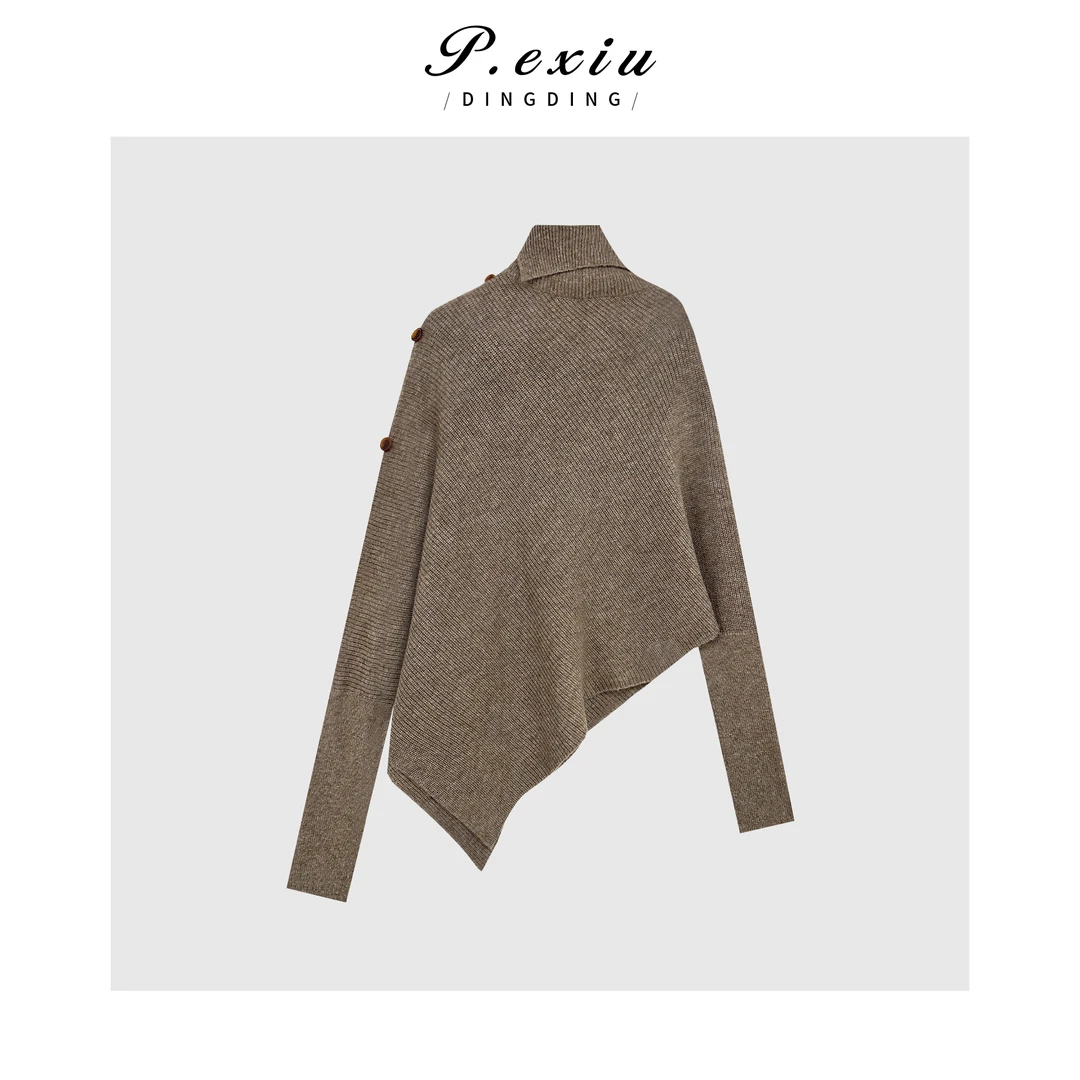 设计款斜扣高领下摆斜切毛针织衫 Q59813