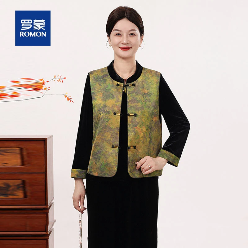 罗蒙中老年妈妈中式盘扣拼接丝绒套装女复古优雅宽松中国风三件套
