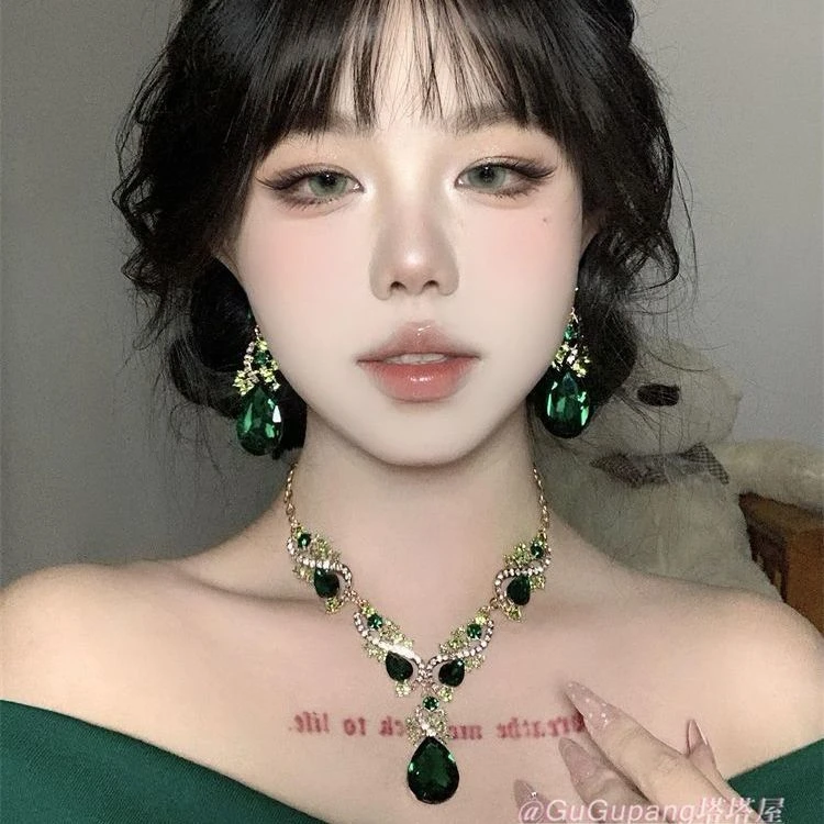 合金仿水晶耳饰 复古绿色系耳夹耳环项链女贵气宫廷高级耳饰晚宴