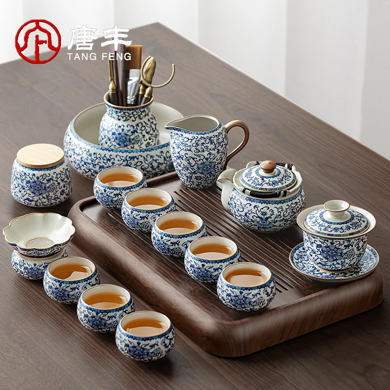 唐丰高档中式喝茶壶陶瓷壶盖碗茶杯轻奢功夫陶瓷茶具套装青花汝窑