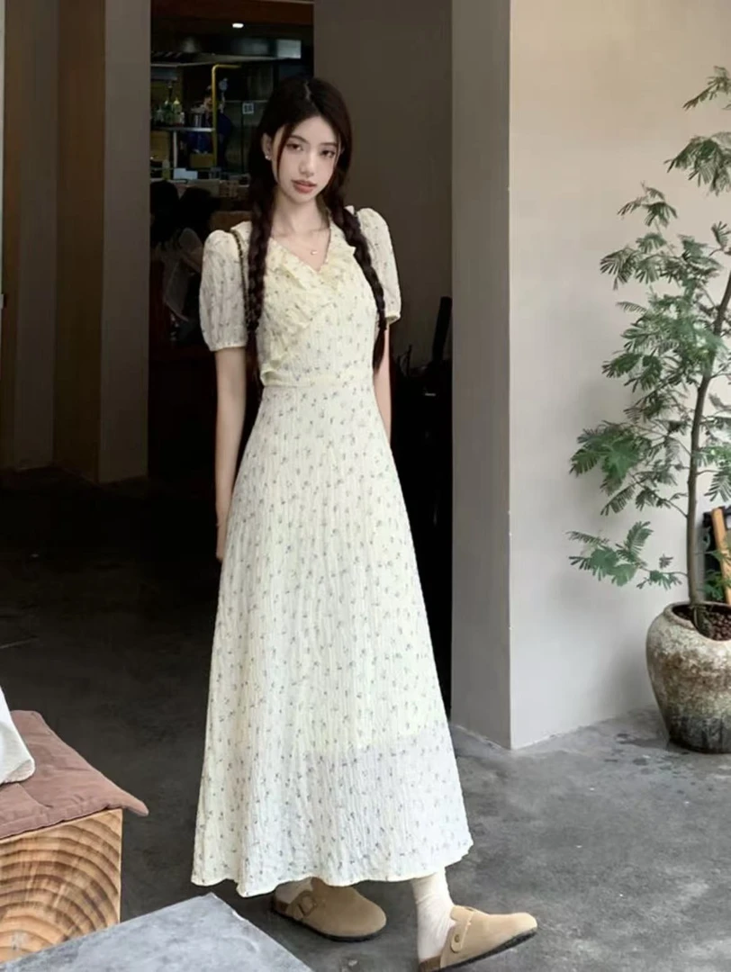 夏季长裙法式高腰印花碎花连衣裙直播过款福利款
