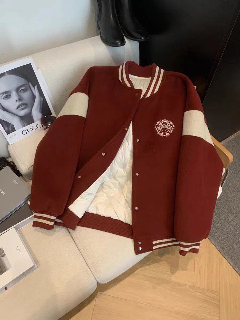 【苏苏精选】68122韩系拼色棒球宽松百搭棉内胆开衫外套