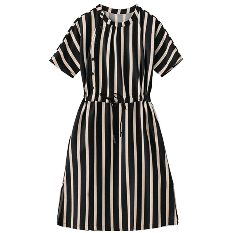 25新款条纹圆领短袖收腰连衣裙气质显瘦法式复古中长裙0024