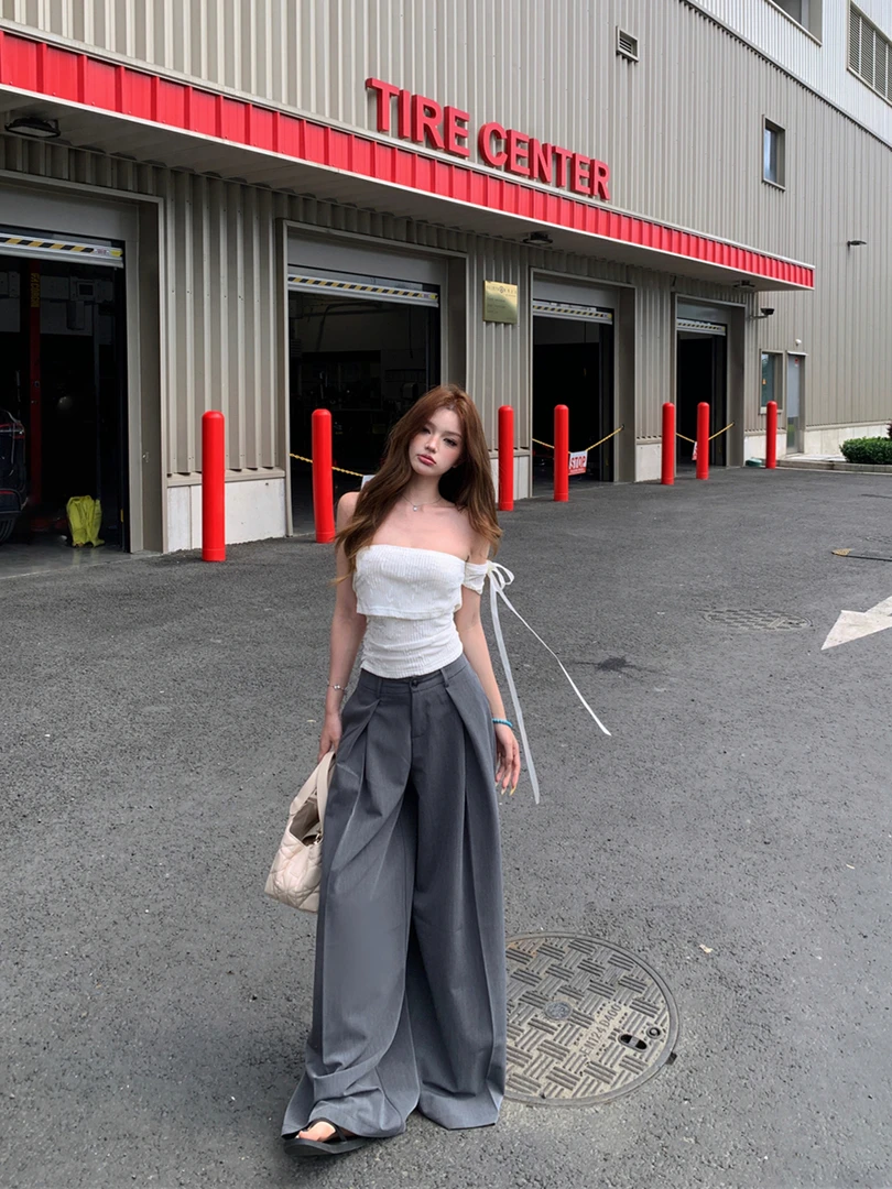 一字肩蕾丝短袖蝴蝶结绑带上衣慵懒休闲阔腿裤长裤套装#3730显瘦