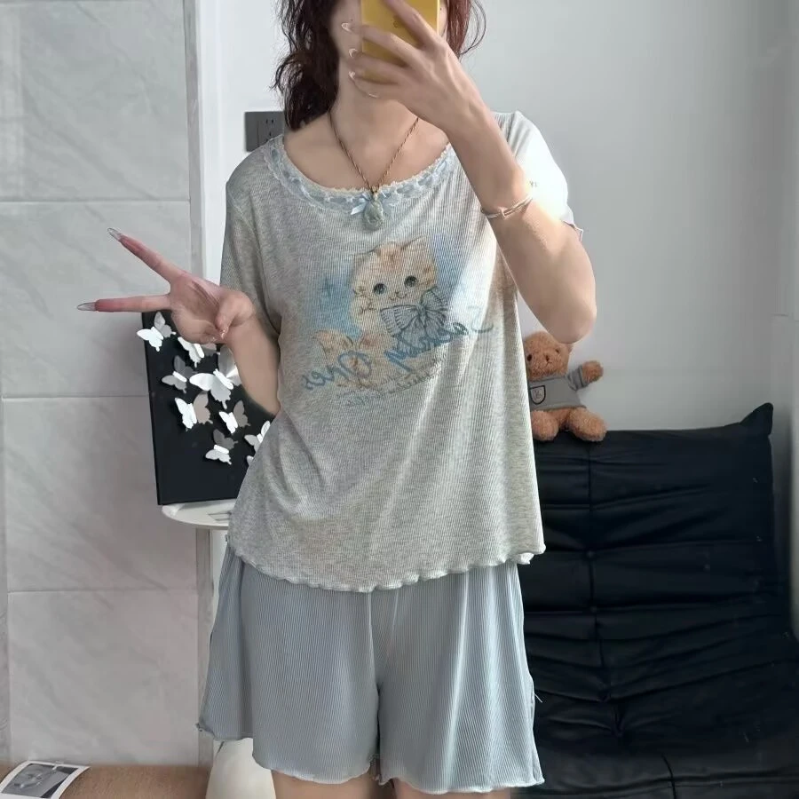 猫咪带胸垫睡衣女夏季莫代尔短袖短裤睡裙学生灰色家居服套装甜美