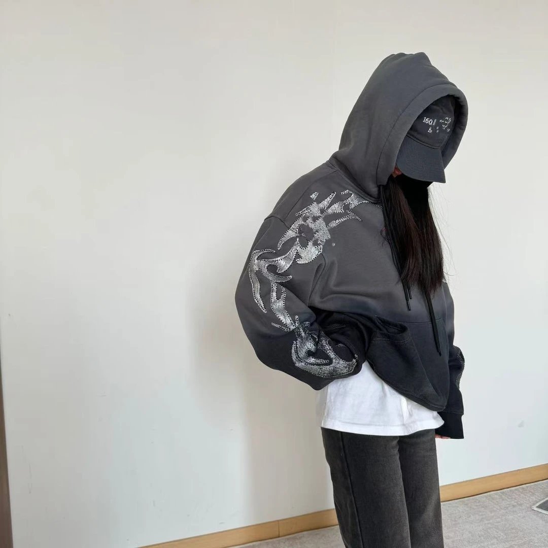 秋冬加绒加厚连帽男女同款满钻渐变重工卫衣25112045