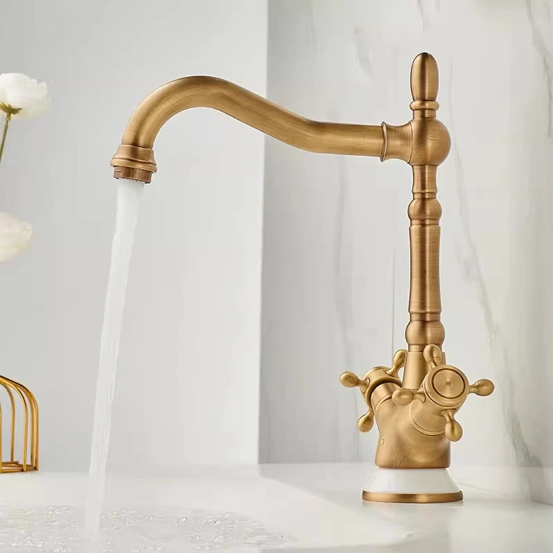 法式复古全铜冷热水龙头洗手洗脸盆卫生间旋转仿古浴室柜面盆龙头