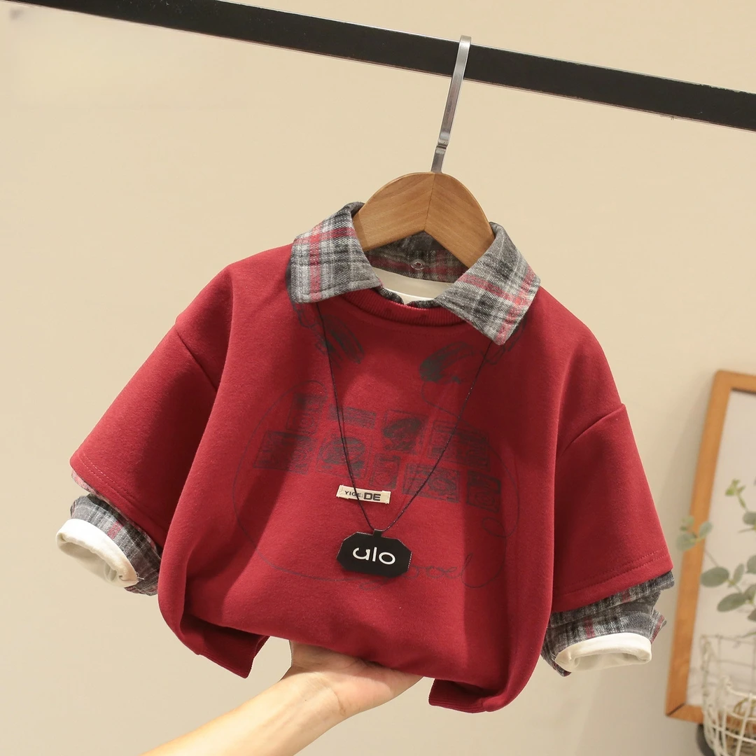 童装卫衣假两件男女童春秋新款打底衫儿童洋气上衣宝宝一体绒衣服