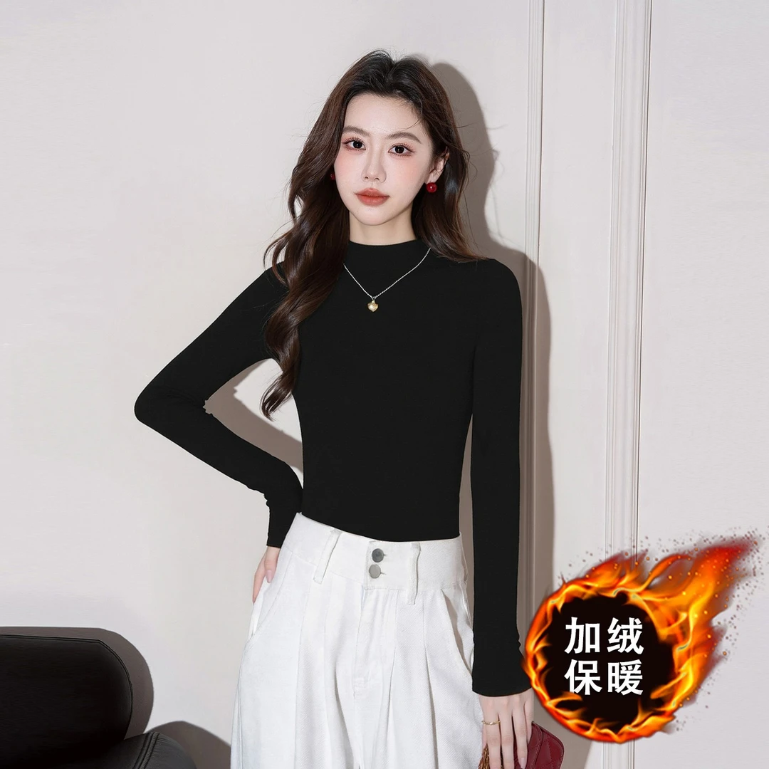黑色德绒气质高档秋冬半高领打底衫女2025年新款中领修身保暖上衣