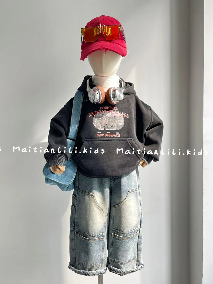 麦田里里.儿童加绒卫衣25冬新款童装男童砂洗加厚连帽美式卫衣