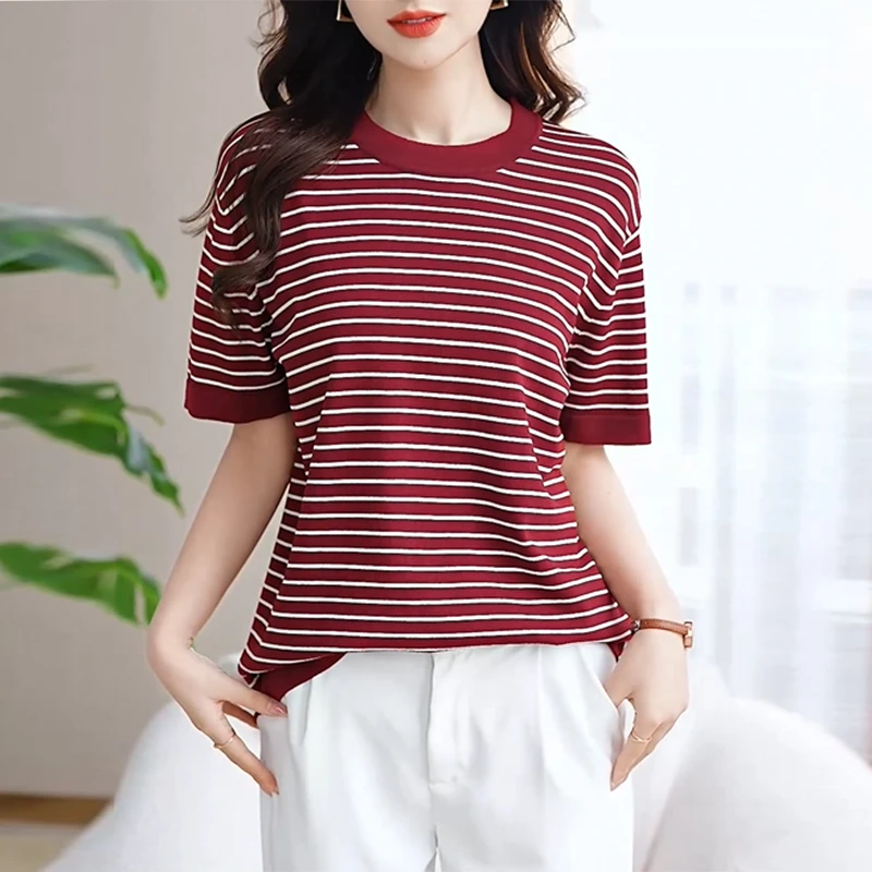 夏季百搭短袖凉感文艺条纹拼接针织衫女圆领宽松休闲显瘦大码T恤