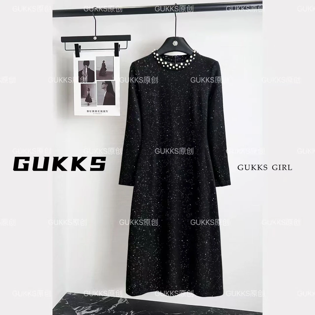 GUKKS/黑色气质赫本风长袖连衣裙女2025秋冬高端连衣裙GK869