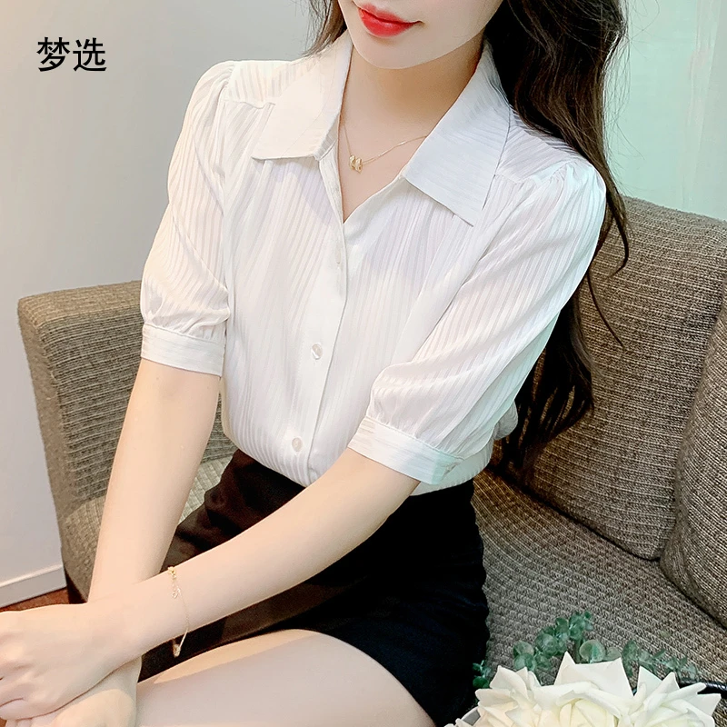 2025夏季爆款欧货小衫POLO领白色雪纺衬衫女洋气职业装五分袖上衣