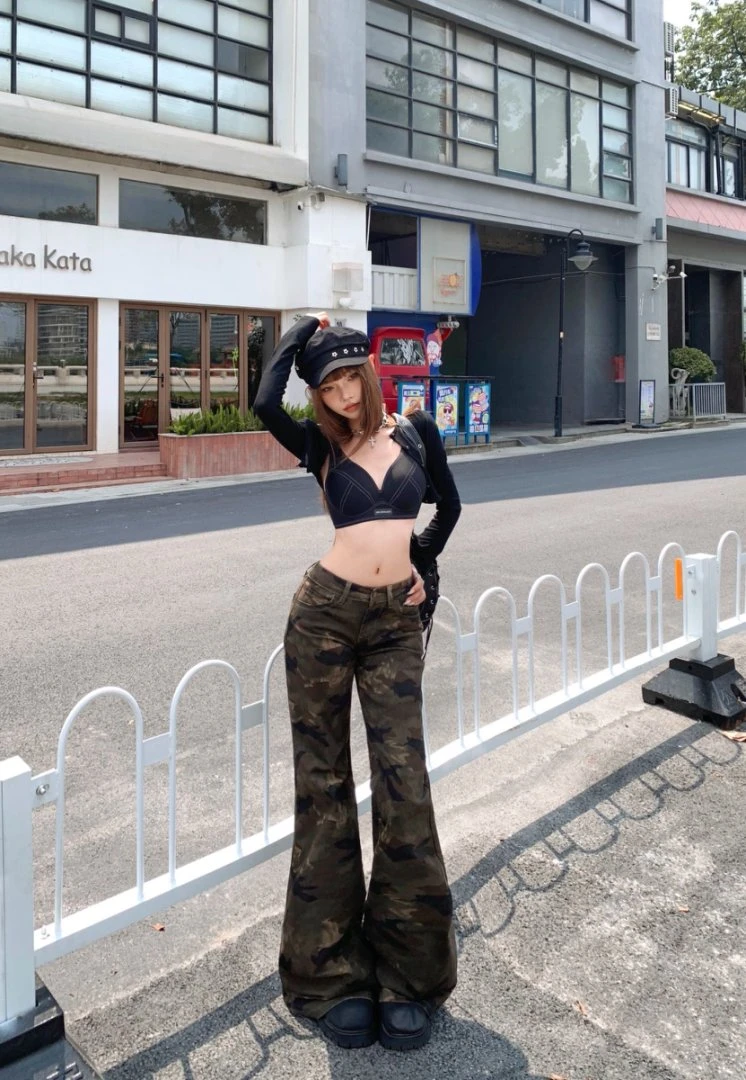 美式迷彩低腰辣妹秋冬微弹百搭ins修身显瘦牛仔低腰牛仔裤阔腿