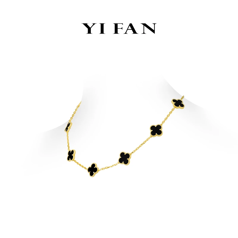 吊坠925银合成锆石 20648-黑色十花四瓣花豪华项链