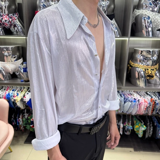 春夏季痞帅小众纯色亮面高级感男士长袖衬衫