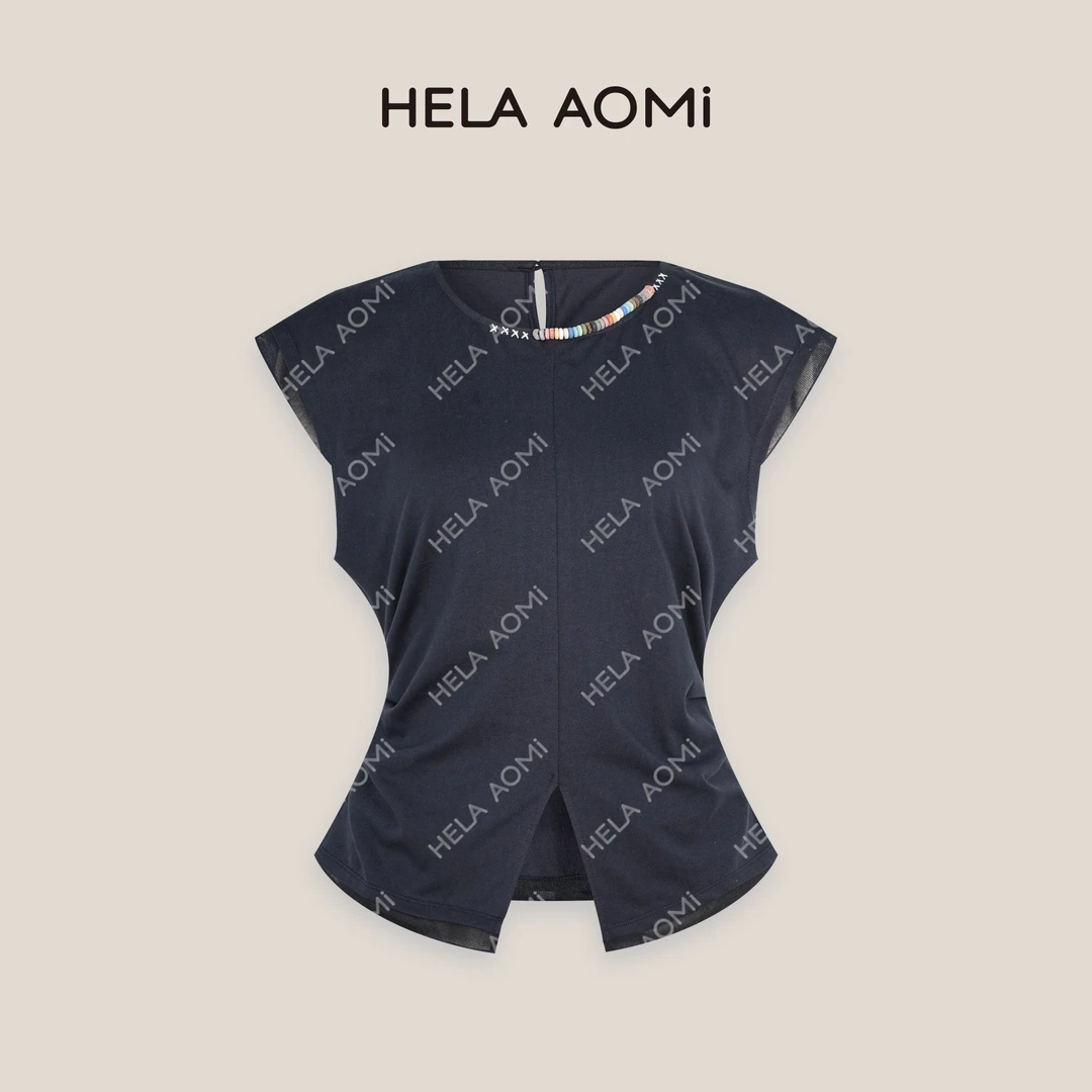 HELA AOMI “珠缀”时尚圆领钉珠压褶开叉修身百搭T恤CY5BZ23810
