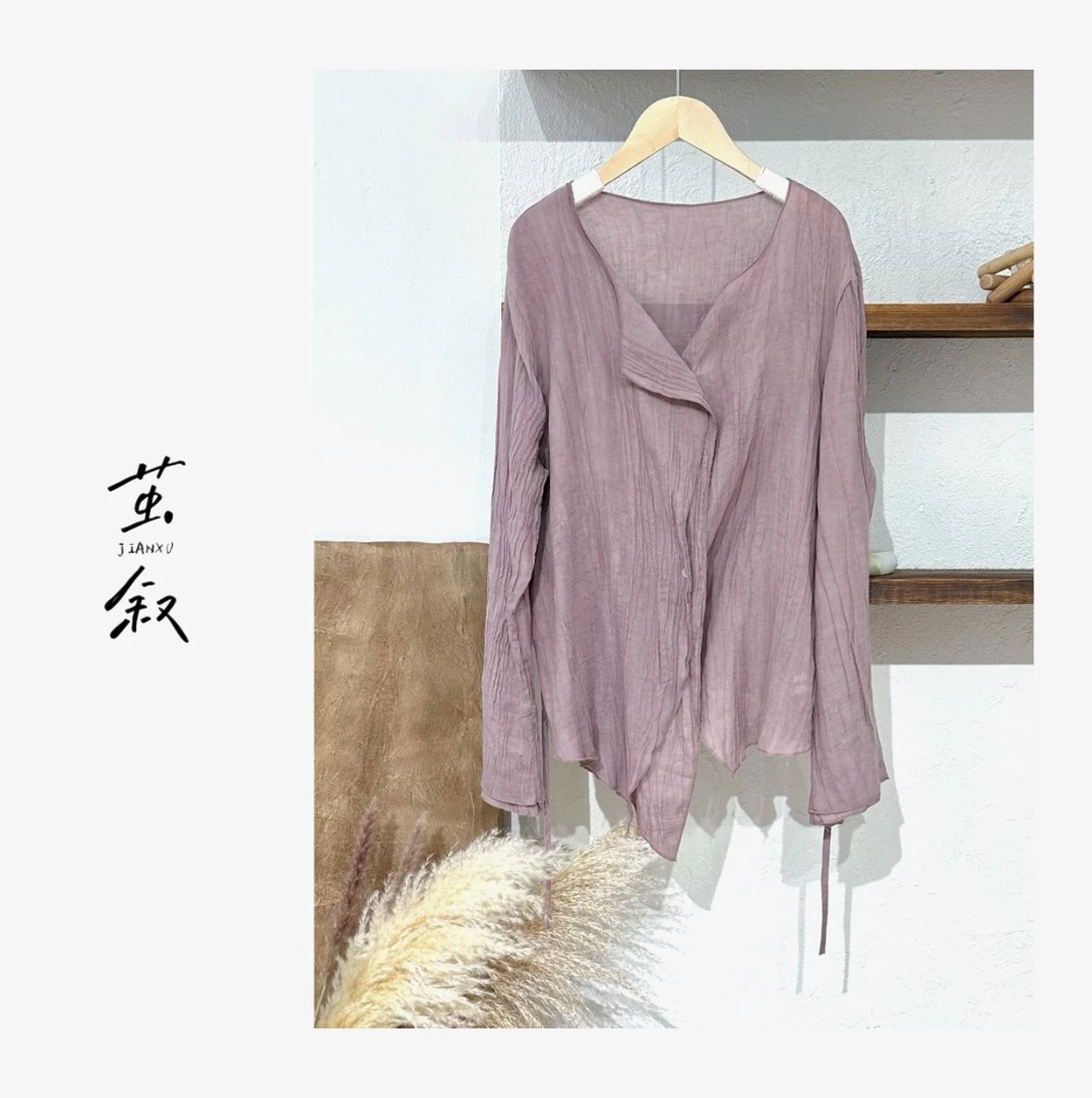 JIAN.XU【素染山色】自然系扎染褶皱感斜襟设计感夏季气质小衫