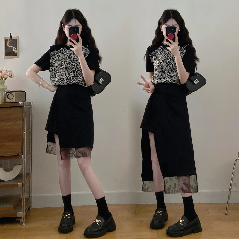 大码【晚风清梦】夏季轻奢复古钩花撞色T恤上衣显瘦百搭半身裙套装