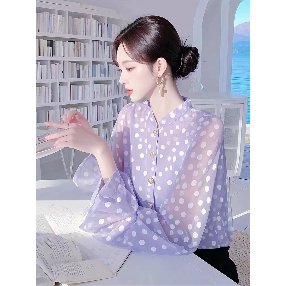 今年爆款紫色波点雪纺衬衫女2025早春喇叭袖衬衣高端法式防晒上衣