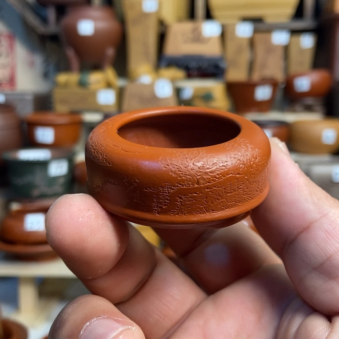 紫砂花盆孙伟手工制作带刻绘，内口经尺寸3×1.5