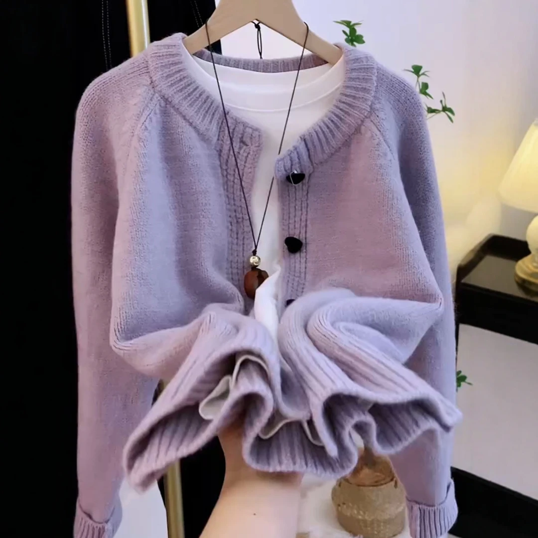 爱心纽扣紫色针织开衫女秋冬新款慵懒风宽松甜美减龄软糯毛衣外套