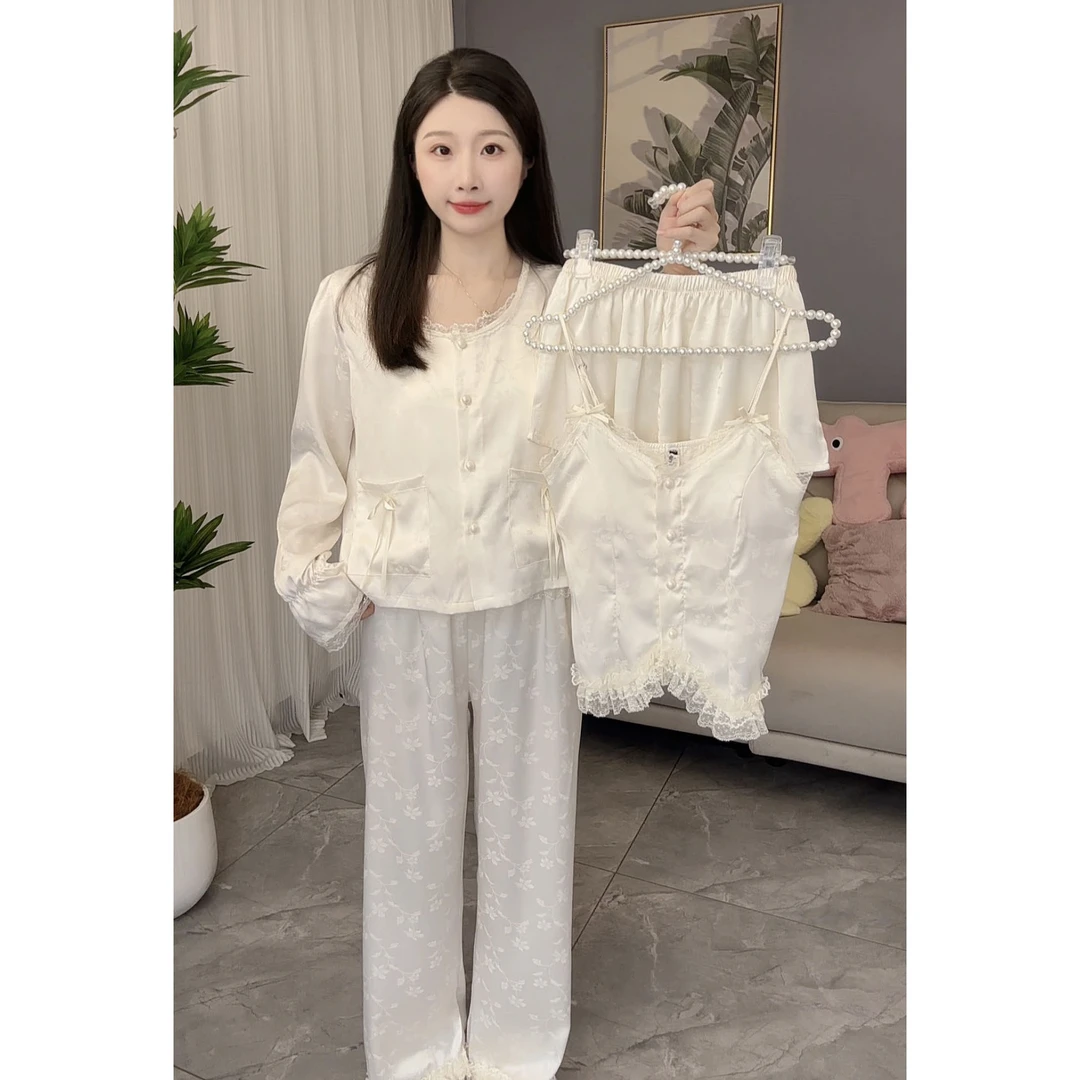 2025新款睡衣女春秋季性感蕾丝吊带缎面丝家居服套装