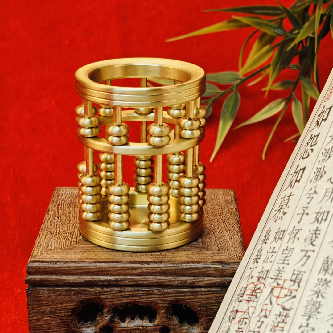 创意铜制算盘小笔筒茶桌书桌家居装饰品金色高档摆件金属笔筒摆件