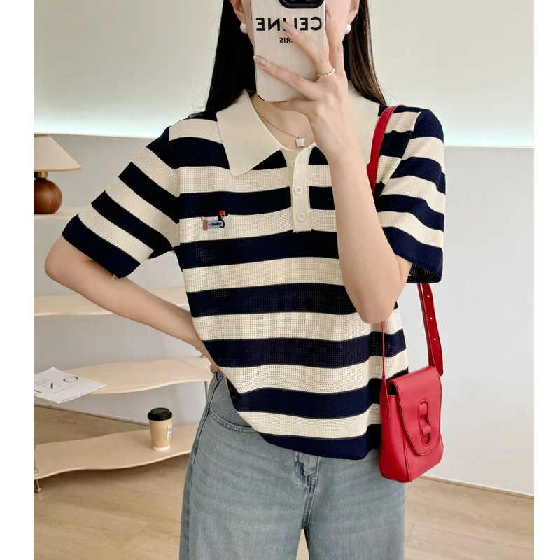 【宠粉专属】条纹刺绣腊肠狗春夏季新款冰丝针织短袖T恤3261