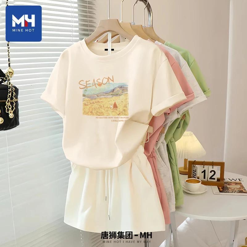 唐狮集团MH运动套装女2025新款夏季纯棉短袖五分短休闲两件装