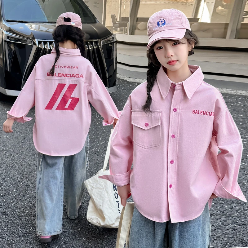 女童春秋外穿衬衣新款儿童洋气外套大童时髦春装长袖爆款粉色衬衫