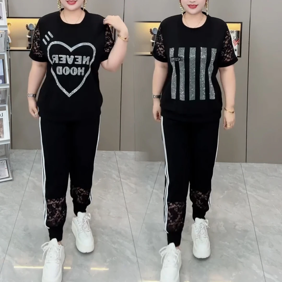 【两件套】大码遮肉女装胖mm休闲短袖时尚洋气套装宽松显瘦遮肚套装