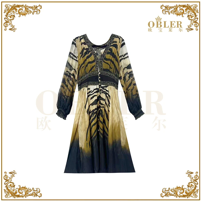 【虎纹拿铁-短】OBLE欧宝莱尔新款真丝连衣裙502-5679
