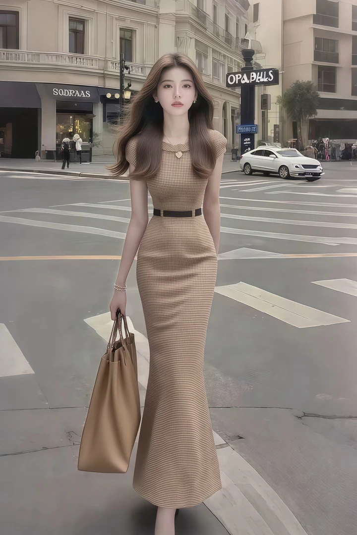 时尚新款小众轻奢高级卡其色修身圆领收腰包臀连衣裙显瘦气质长裙