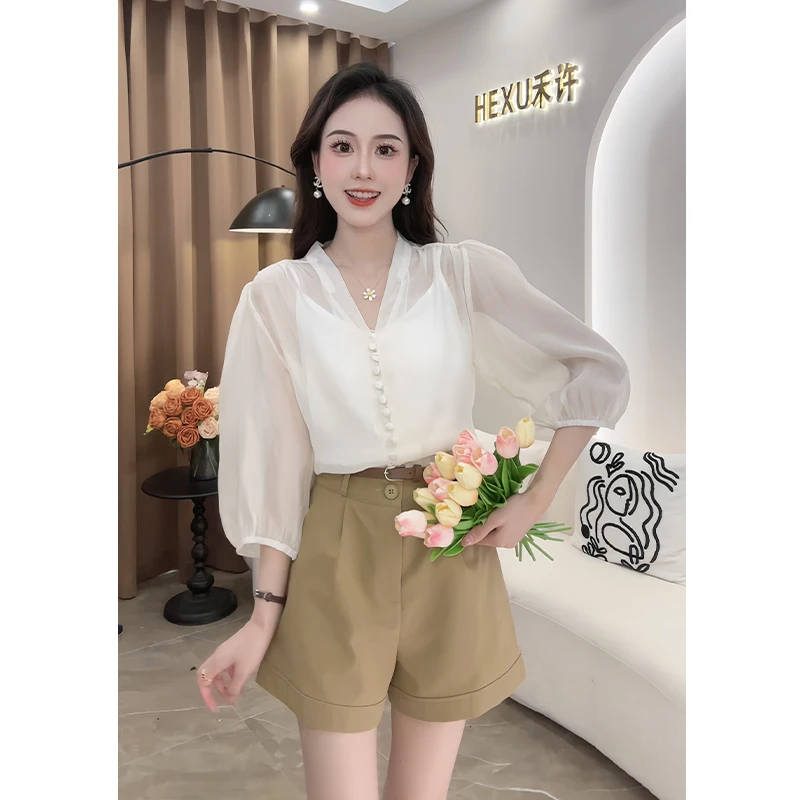 法式复古风情高级感气质v领衬衫女2024夏季新款带吊带薄款两件套