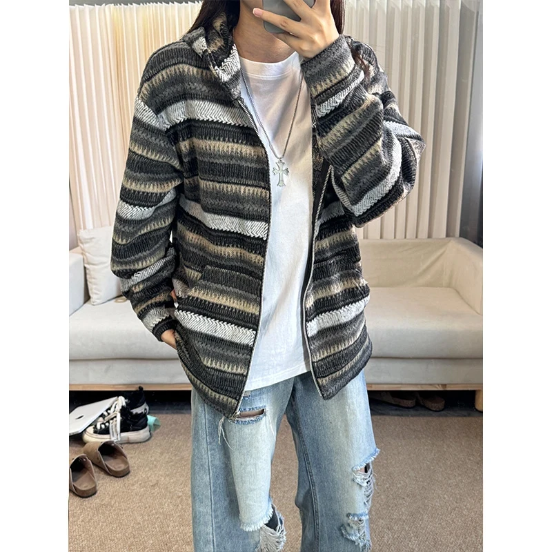 日系慵懒条纹秋季新款卫衣男美式复古毛呢宽松系休闲帽衫外套