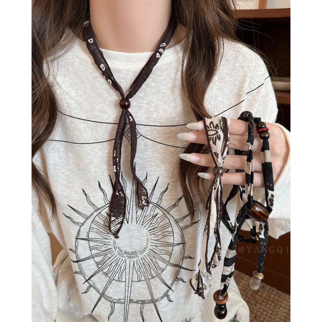 非金属布艺项链 咖色腰花果丝巾项链女独特设计感围脖毛衣链配饰