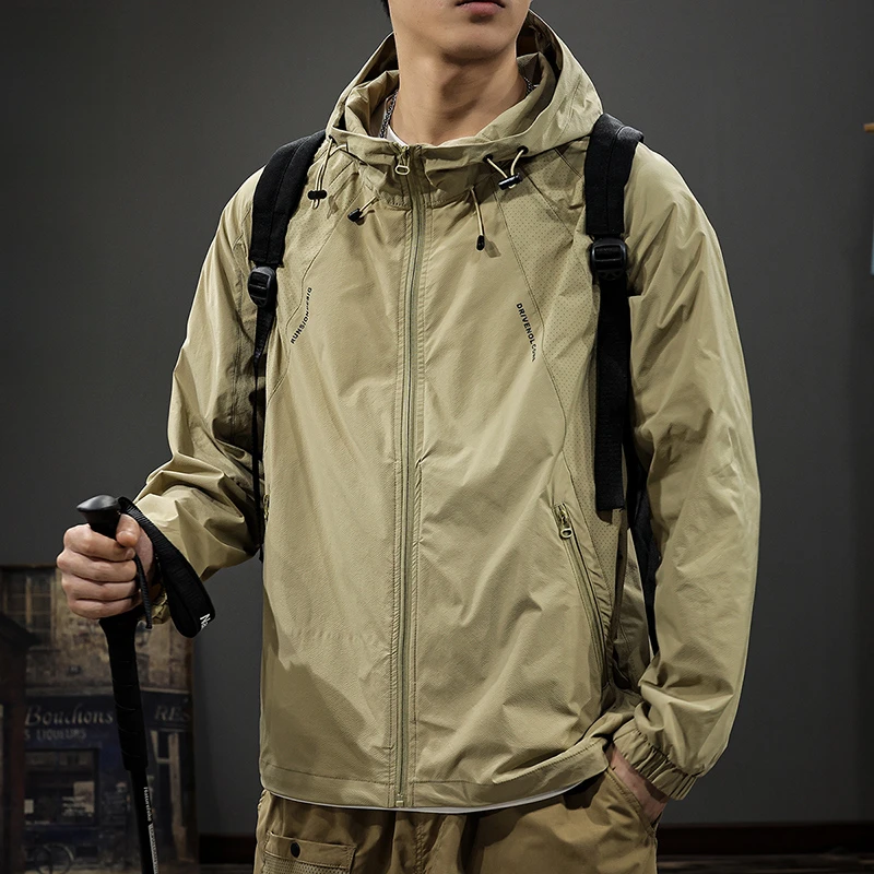 桑延冲锋夹克男士防紫外线连帽夏季防晒衣运动外套美式机能骑行服