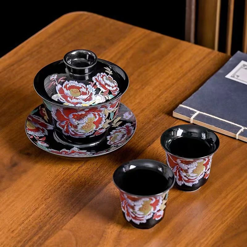 乌金釉刺绣牡丹花三才盖碗功夫茶具家用泡茶碗小套装杯0879
