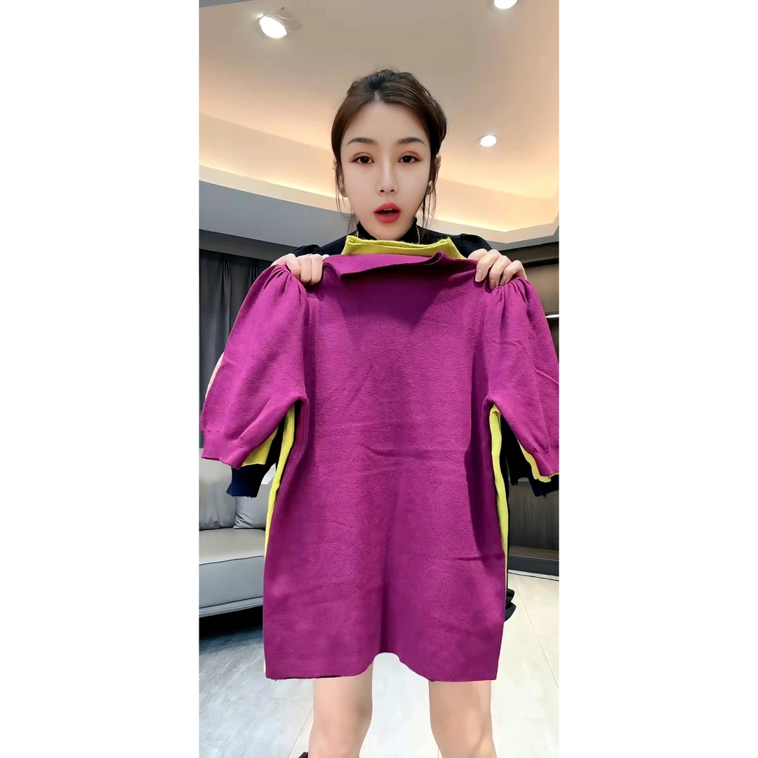 韩版时尚百搭气质泡泡袖套头五分袖针织衫