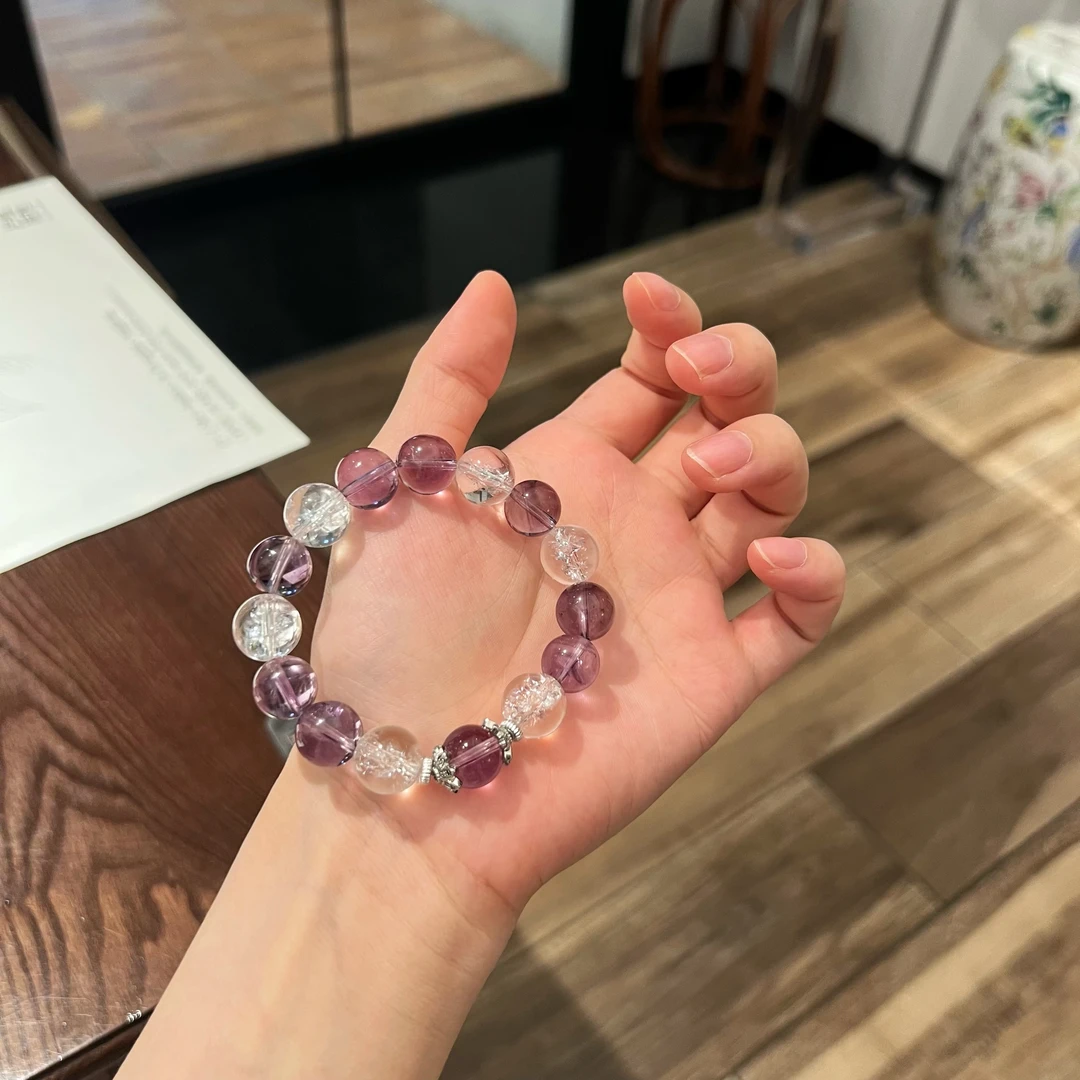 【白紫通灵】 天然巴西紫水晶+白阿塞紫气东来原创水晶手串