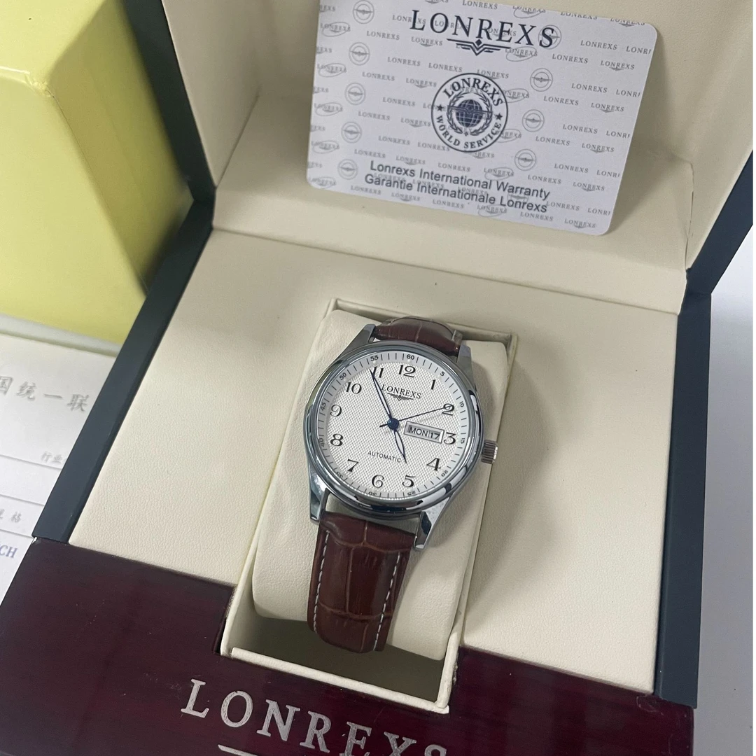 LONREXS/名匠双日历棕色皮带蝴蝶扣/表径41mm男士经典全自动腕表J