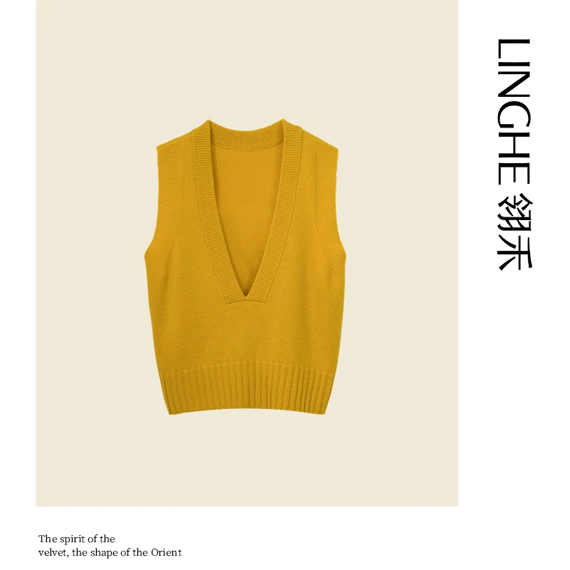 翎禾LINGHE-大V领圆领薄款无袖纯色百搭背心时尚山羊绒休闲针织