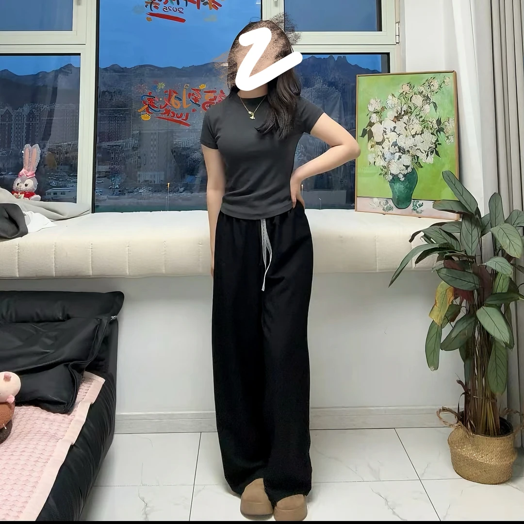 春季新款休闲裤女蕾丝系带设计感春季出行穿搭小众通勤直筒裤