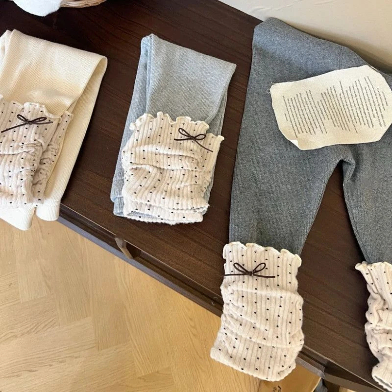 女童打底裤新款2025波点堆堆一体加绒弹力女宝宝百搭保暖裤子